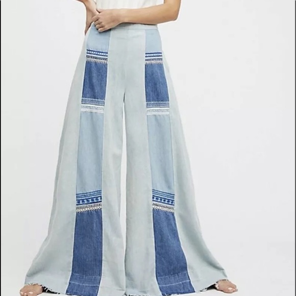 Free People Denim - Free People Jeans Wide Leg Embroidered  Side Zip